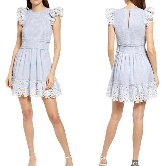 SAYLOR Dresses & Skirts - SAYLOR NWT Smocked Mini Dress Size Large Blue Pinstripe Eyelet Coquette Preppy